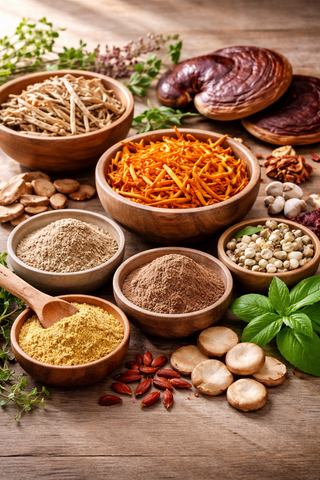 Energy boosting herbs and mushroom collection