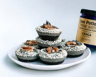BLACK SESAME CHAGA-INFUSED BABY CHEESECAKES - Sun Potion