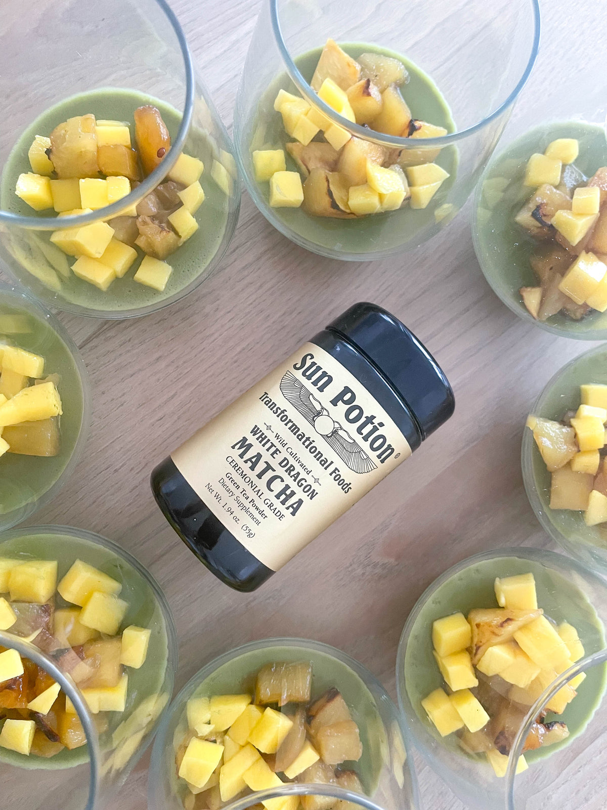 WHITE DRAGON MATCHA, VEGAN PANNA COTTA, GRILLED SWEET PINEAPPLE AND FRESH MANGO - Sun Potion