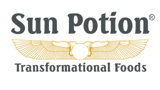 Logo of Sun Potion Transformational Foods with a winged design on a white background