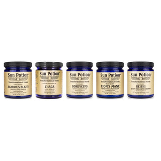 Sun Potion Mushroom Set — Agaricus Blazei, Chaga, Cordyceps, Lion's Mane and Reishi mushroom powders in cobalt blue glass jars