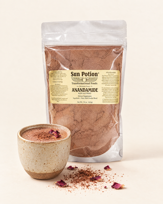 Sun Potion Anandamide pouch with a stoneware cup of prepared cacao