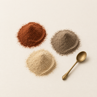 He shou wu, eucommia and astragalus extract powders with a brass spoon