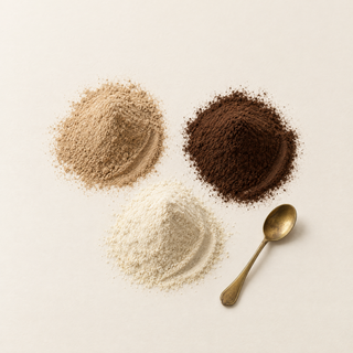 Reishi, chaga and lion's mane mushroom powders with a brass spoon