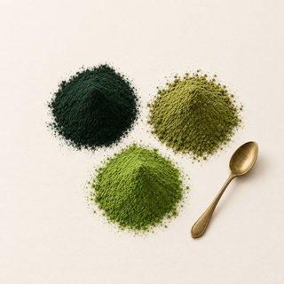 Chlorella, moringa and matcha powders with a brass spoon