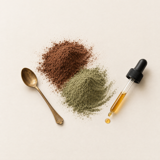 Blended tonic powders beside a glass elixir dropper with amber liquid