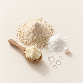 Tocos and pearl powders beside raw shea butter and droplets of rose water