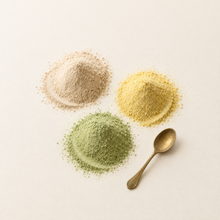 Astragalus extract, pine pollen and ashitaba powders with a brass spoon