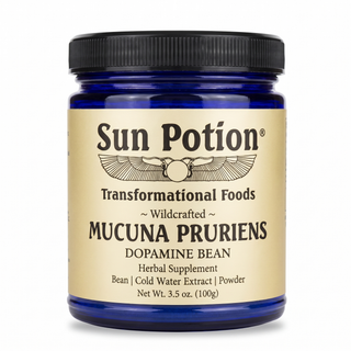 Sun Potion Mucuna Pruriens Dopamine Bean powder in cobalt blue glass jar, front label, 3.5 oz