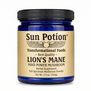 Sun Potion Lion's Mane Mind Power Mushroom powder in cobalt blue glass jar, front label, 3.5 oz