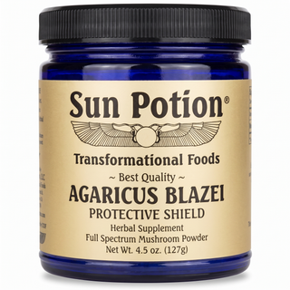 Sun Potion Agaricus Blazei Protective Shield mushroom powder in cobalt blue glass jar, front label, 4.5 oz