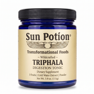 Sun Potion Triphala Digestion Tonic cold water extract powder in cobalt blue glass jar, front label, 3.9 oz