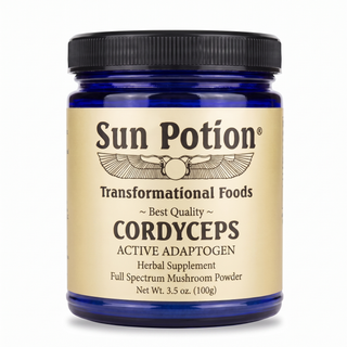 Sun Potion Cordyceps Active Adaptogen mushroom powder in cobalt blue glass jar, front label, 3.5 oz