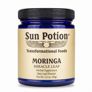 Sun Potion Moringa Miracle Leaf raw leaf powder in cobalt blue glass jar, front label, 3.2 oz