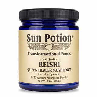 Sun Potion Reishi Queen Healer Mushroom powder in cobalt blue glass jar, front label, 3.5 oz