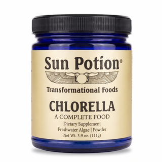 Sun Potion Chlorella A Complete Food freshwater algae powder in cobalt blue glass jar, front label, 3.9 oz