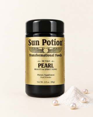 Sun Potion Pearl Powder 80g black glass jar with gold label, beside fine pearl powder and freshwater pearls