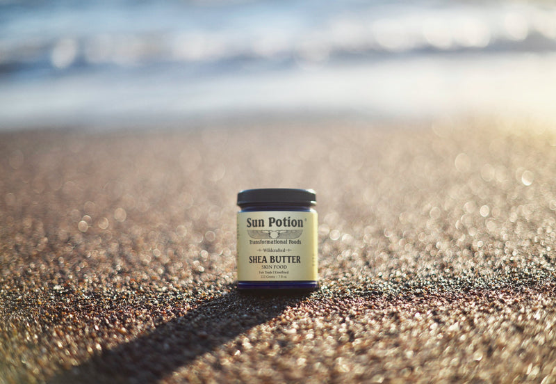 Cobalt jar of Sun Potion Shea Butter on a beach