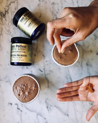 Sun Potion Lion's Mane and Mucuna jars with cups of cacao