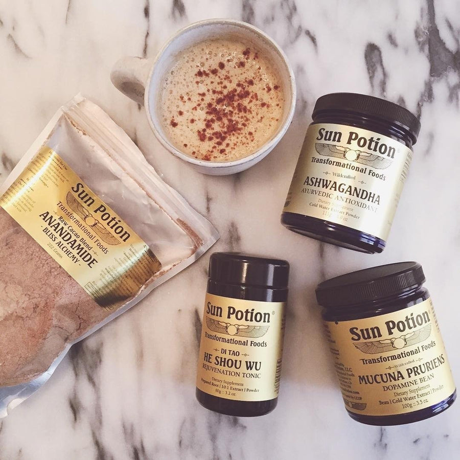 Sun Potion Anandamide, Ashwagandha, He Shou Wu and Mucuna with a latte