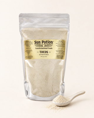 Sun Potion TOCOS rice bran solubles 200g pouch with a spoonful of powder