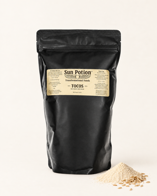 Sun Potion TOCOS rice bran solubles 400g black pouch beside rice bran powder and rice grains