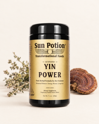 Sun Potion Yin Power 200g black glass jar with gold label, beside dried herbs and a reishi mushroom